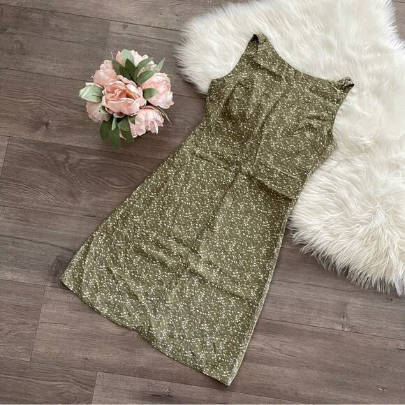 Vintage J. Crew Sage Green Mushroom Print Tie Back Sheath Dress 2